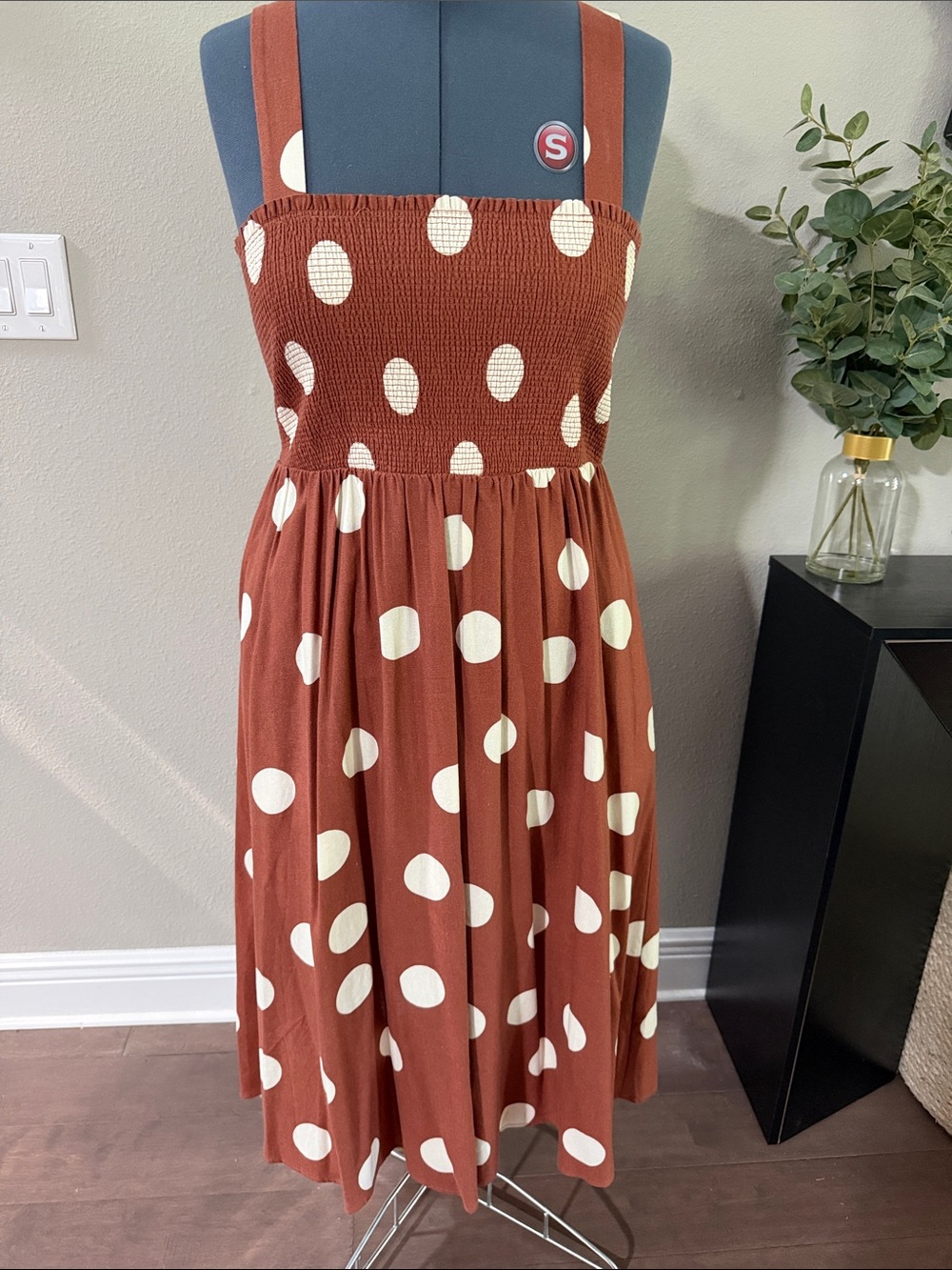 ARULA Rust Midi Dress with White Polka Dots